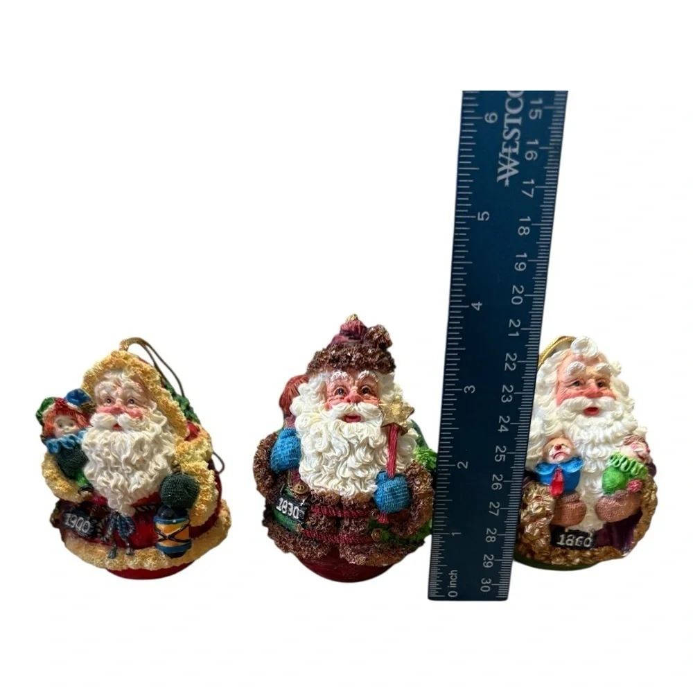 3 Roly Poly Santa Claus Ornaments 1830 1860 1900 Roman Inc Vtg 1993